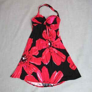 Maggy London Dress Womens Size 4 Black Red Floral Halter Sexy Flirty Tropical